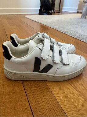 Veja White Leather Velcro Sneakers with Black V Detail